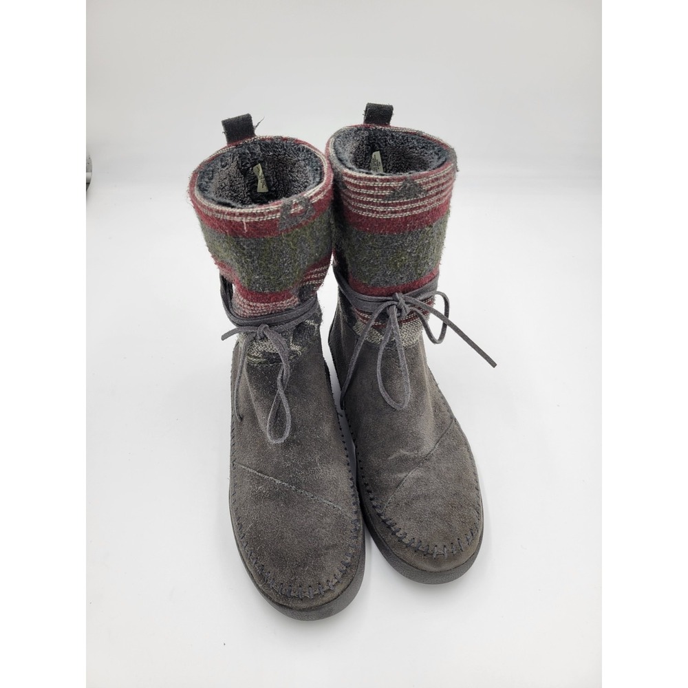 TOMS Women's Nepal Boots Fleece Lined Gray Suede Aztec Multi Color Boho Size 7